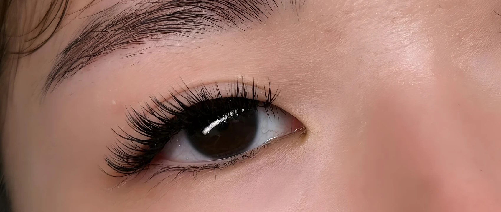 Close-up of a hybrid lash full set done at the salon